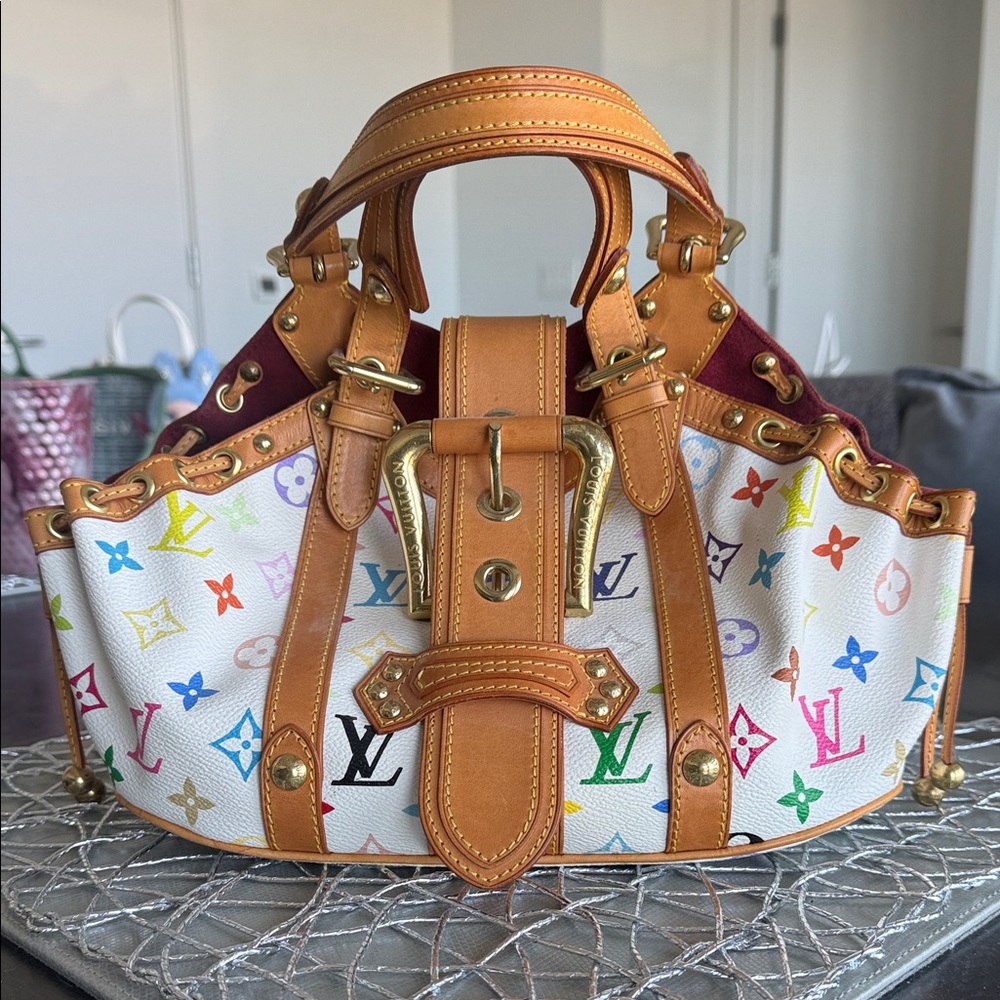 Louis Vuitton White Multicolor Monogram Satchel with Tan Leather Trim